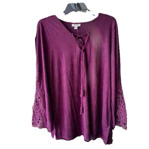Style & Co Women's Faux Suede Lace up Top Burgundy Boho Size Large, NWT /B7